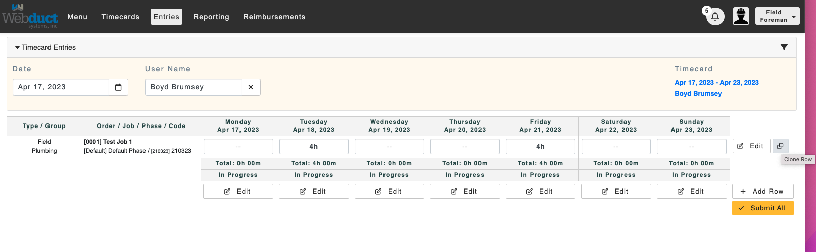 Cloning a Row in Timecard - Software for HVAC, Pipe and Construction ...